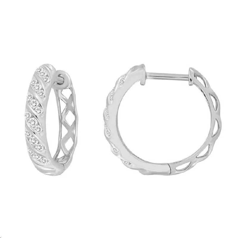 Women’s trendy stud earrings-LADIES HOOPS EARRINGS 0.25CT ROUND DIAMOND 10K WHITE GOLD