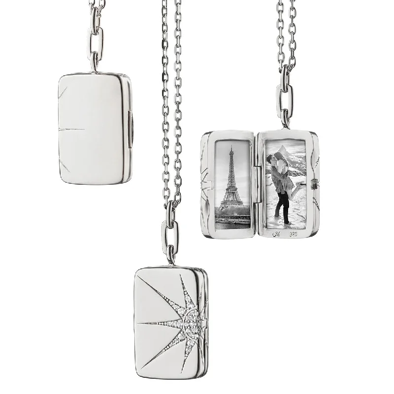 Women’s layered silver necklaces-0.18Ct White Sapphire Sun and Star Rectangle Locket on Chain in Sterling Silver, 30-32in adj