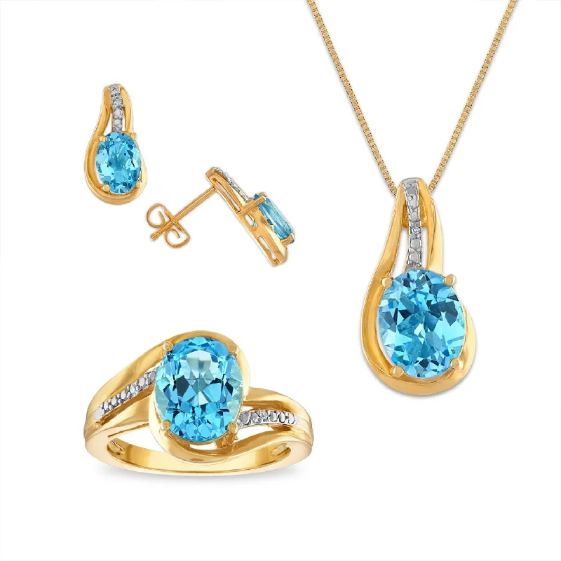 Women’s heart-shaped stud earrings-Blue Topaz & White Sapphire Ring Pendant Earrings Set in Gold Plated Silver