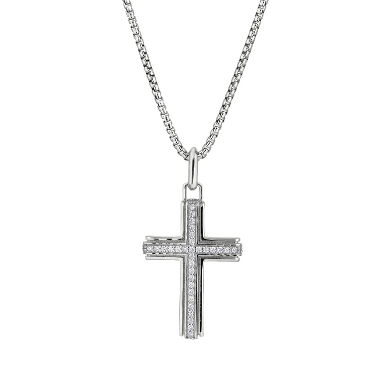 Women’s alternative engagement rings-Rhodium Finished Sterling Silver Cross with Simulated Diamond Center Channel on 20" Rounded Box Chain