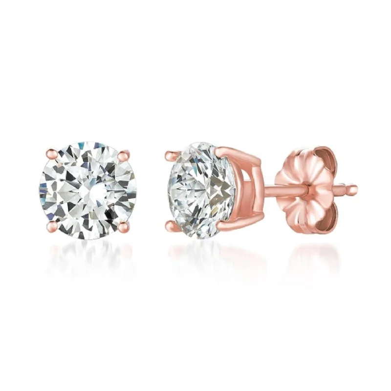 Women’s fashion earrings-Crislu 18KT Rose Gold Plated Sterling Silver Round Cubic Zirconia Solitaire Stud Earrings