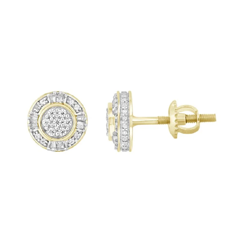 Women’s gold stud earrings-MEN'S STUD EARRINGS 0.25CT ROUND/BAGUETTE DIAMOND 10K YELLOW GOLD