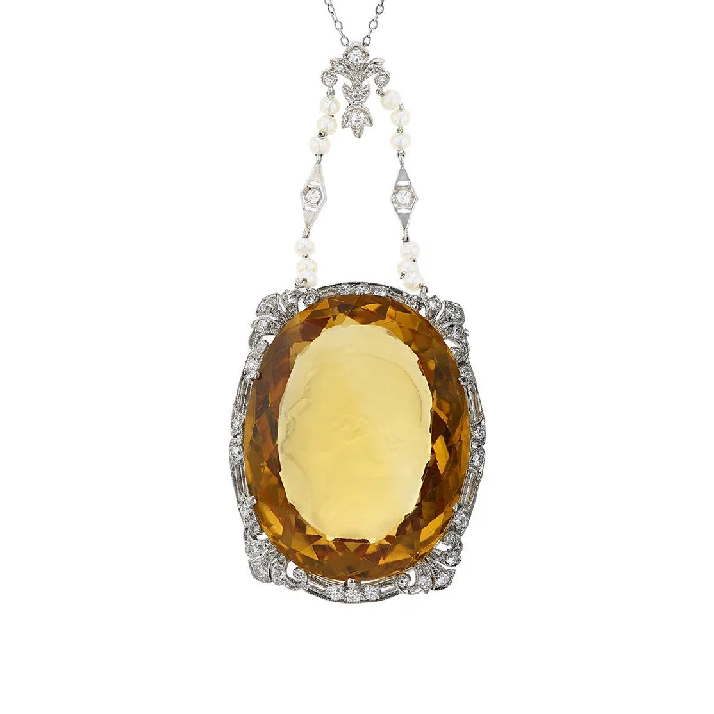 Women’s diamond chokers-Platinum Intaglio Citrine Diamond Edwardian Pendant