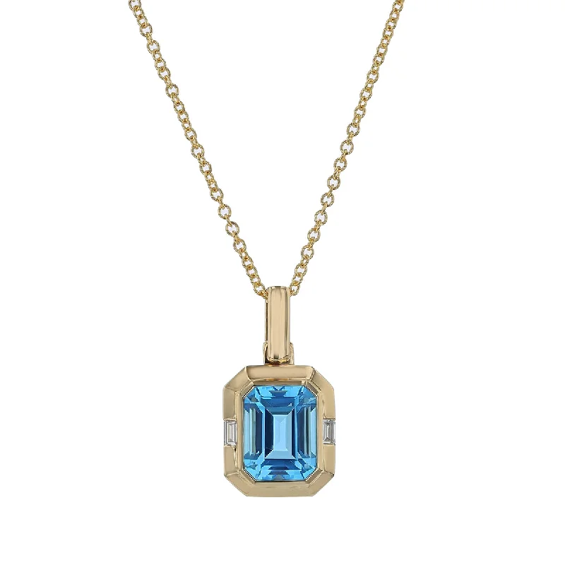 Women’s rose gold necklaces-Blue Topaz and Emerald Cut Diamond Pendant in 14K Yellow Gold, 18in