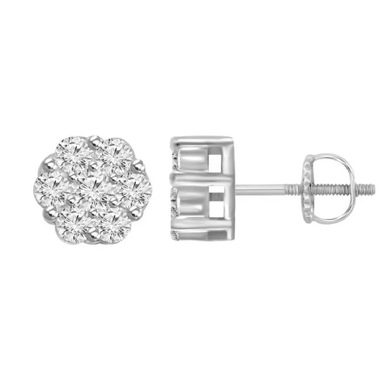 Women’s oval earrings-LADIES FLOWER EARRINGS 0.15CT ROUND DIAMOND 14K WHITE GOLD