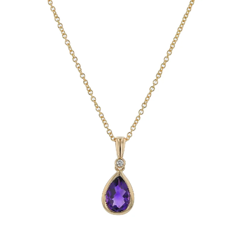 Women’s woven necklaces-Pear Amethyst and Diamond Pendant in 14K Yellow Gold, 18in