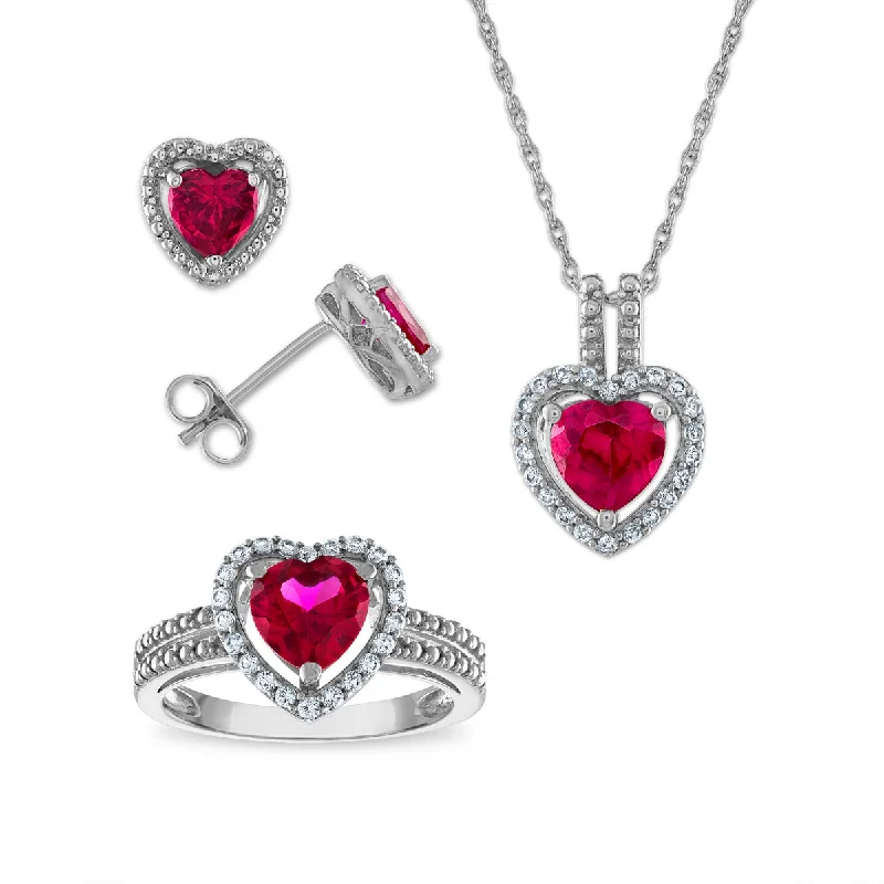 Women’s silver stud earrings-Ruby and White Sapphire Ring Pendant Earrings Set in Sterling Silver