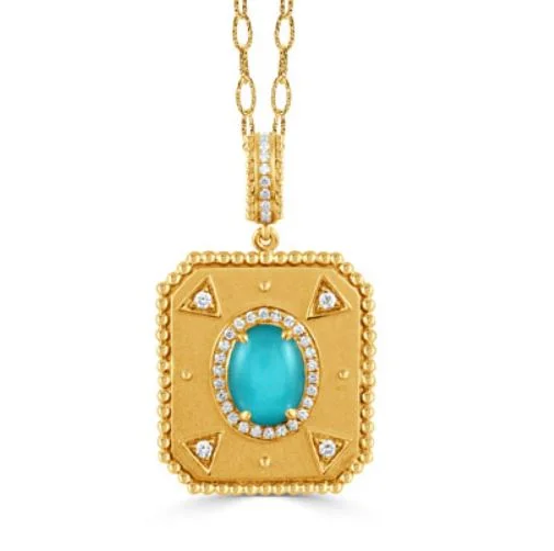 Women’s statement necklaces-0.41Ct Diamond and 1.62Ct Quartz and Turquoise Doublet Halo Pendant only in 18k Yellow Gold