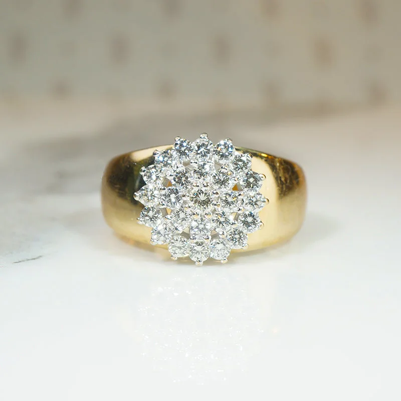 Women’s rose gold engagement rings-Dazzling Diamond Cluster on Curvaceous Gold Band