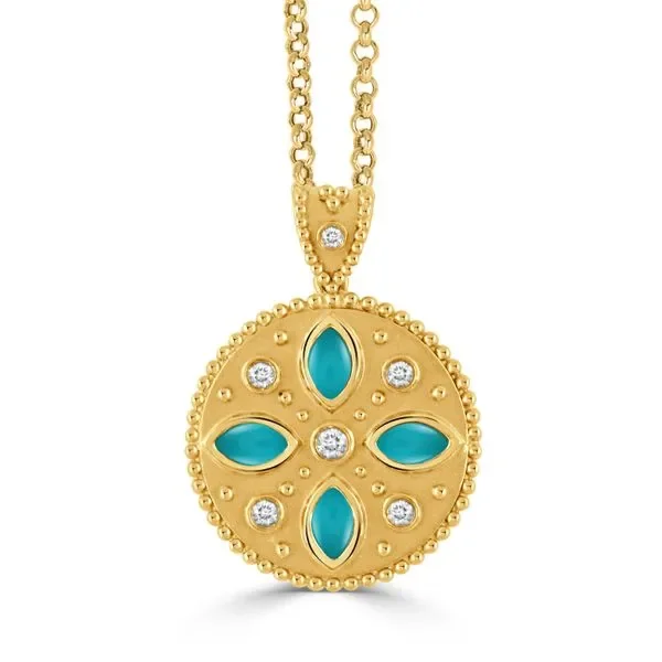 Women’s layered necklaces-Justinian 0.17Ct Diamond 1.69Ct Quartz and Turquoise Doublet Patterned Pendant only in 18k Yellow Gold