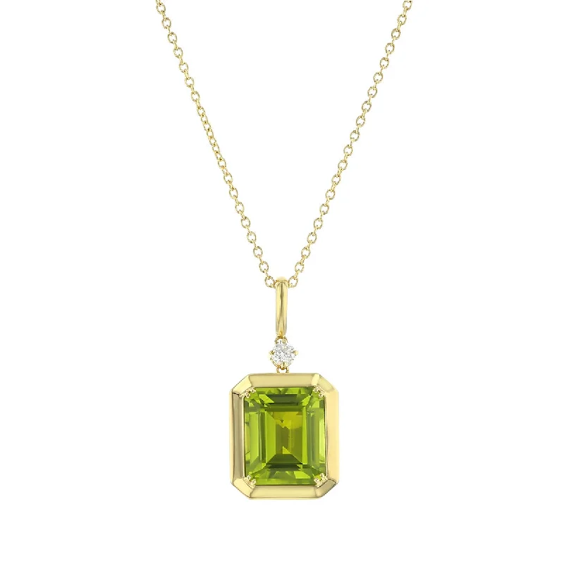 Women’s handmade necklaces-Emerald-cut Peridot Pendant with Diamond