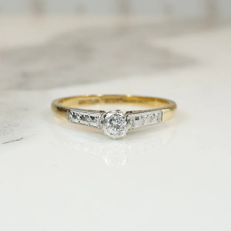 Women’s classic engagement rings-Dainty Arty Deco Platinum and Gold Diamond Solitaire