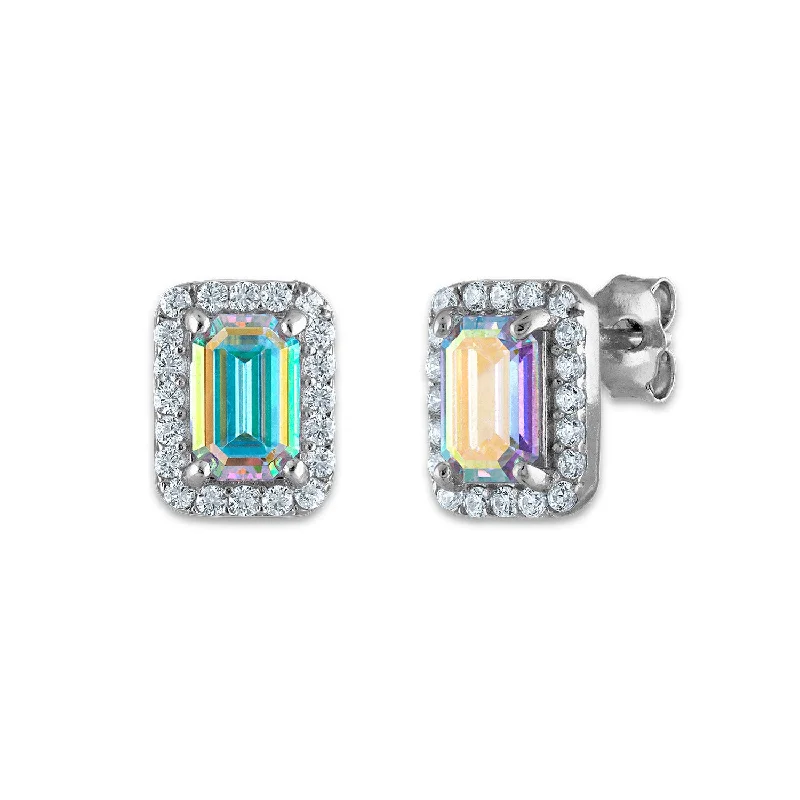 Women’s flower-shaped earrings-Sterling Silver 8X6MM Emerald Shape Cubic Zirconia Halo Stud Earrings