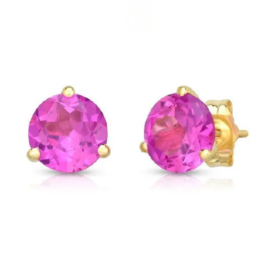 Women’s textured earrings-7MM Round Pink Sapphire Solitaire Stud Earrings in 14KT Yellow Gold