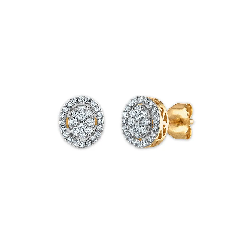 Women’s evening earrings-Red Hot Deal  1/4 CTW Diamond Halo Cluster Stud Oval Shape Earrings in 10KT Yellow Gold