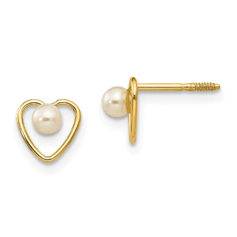 Women’s gold earrings-14KT Yellow Gold 3MM Round Pearl 6MM Heart Childrens Birthstone Stud Earrings