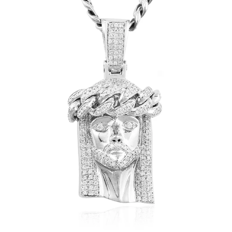 Women’s silk thread necklaces-10kt White Gold 3.25ct Diamond Large Jesus Head Pendant