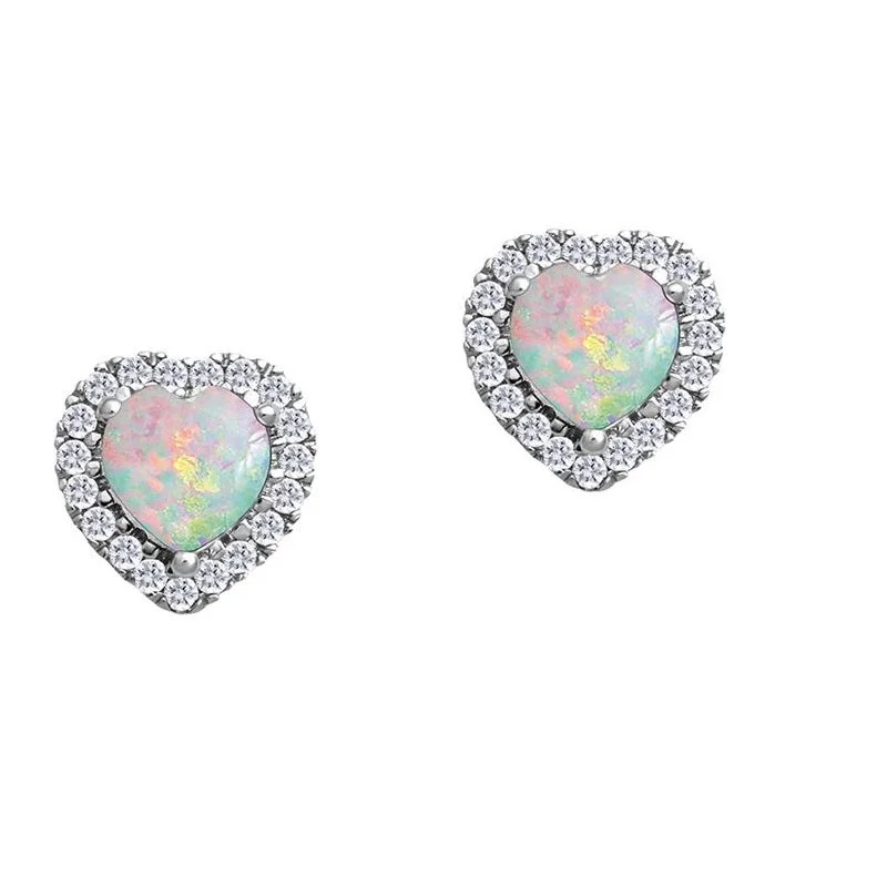 Women’s hoop earrings set-5MM Heart Shape Opal and White Sapphire Birthstone Halo Stud Earrings in 10KT White Gold