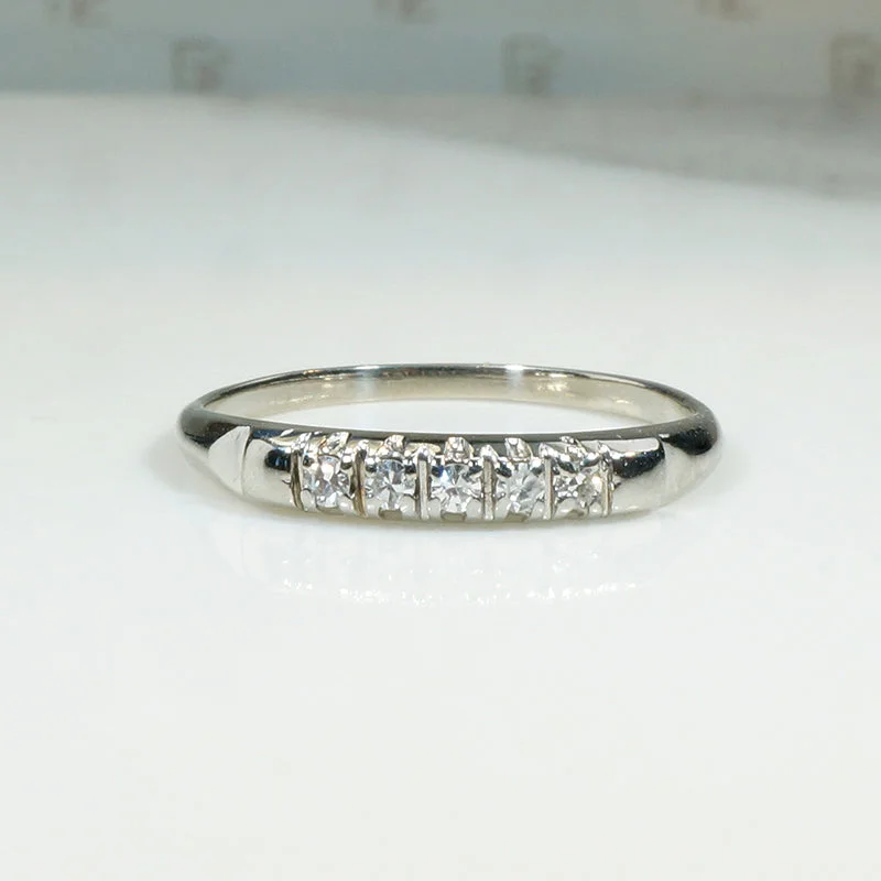 Women’s gold engagement rings with diamonds-Slim Five Diamond Retro Band in White Gold