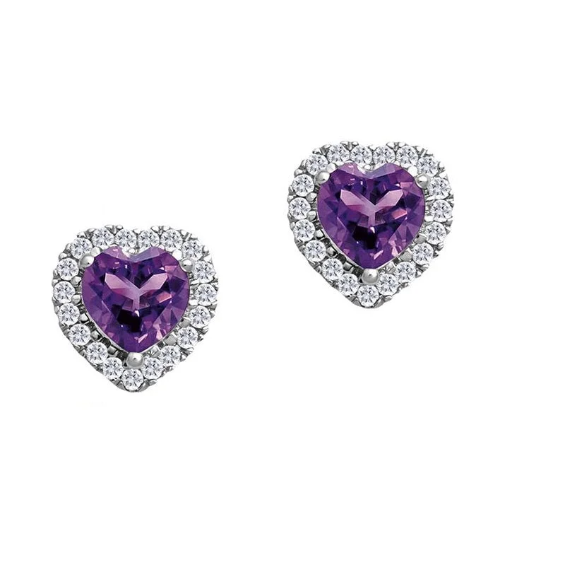 Women’s textured earrings-5MM Heart Shape Amethyst and White Sapphire Birthstone Halo Stud Earrings in 10KT White Gold