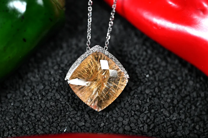 Women’s gemstone choker necklaces-21.14CT RUTILATED QUARTZ AND DIAMOND PENDANT