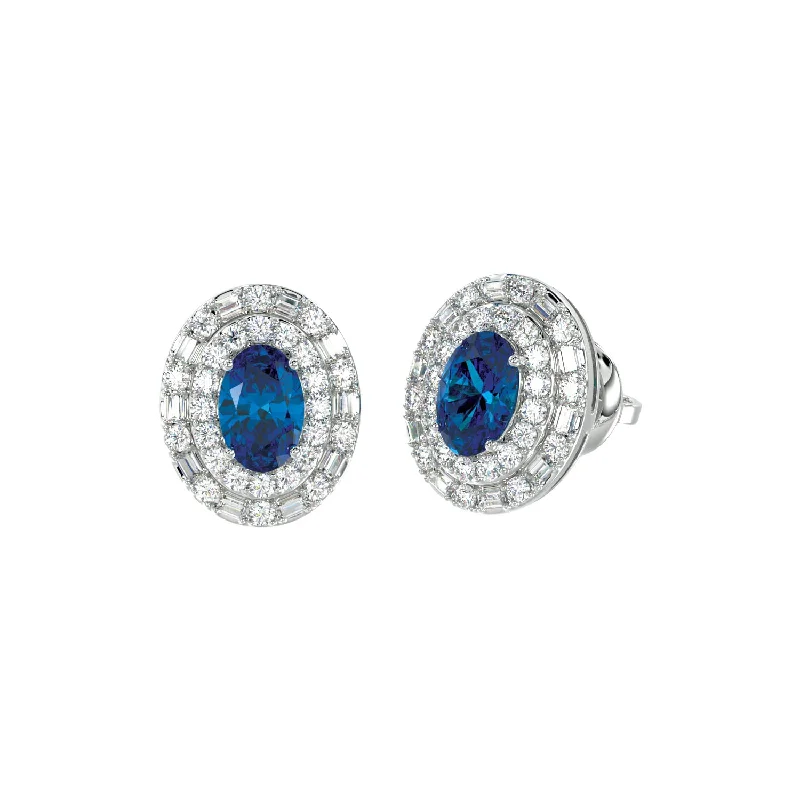 Women’s large dangle earrings-LADIES EARRINGS 1.33CT ROUND/OVAL DIAMOND 14K WHITE GOLD (CENTER STONE TANZANITE OVAL DIAMOND-0.90CT)