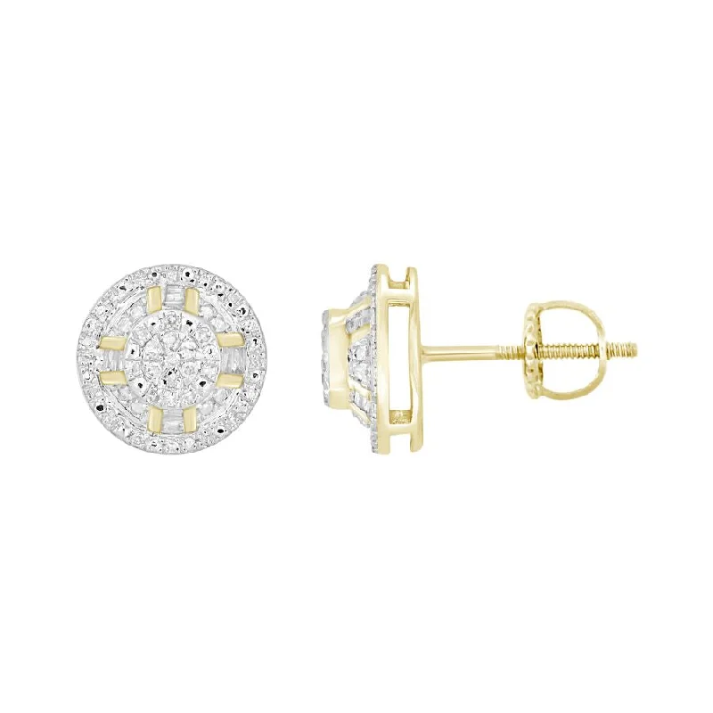 Women’s fashion earrings-LADIES EARRINGS 0.20CT ROUND/BAGUETTE DIAMOND 10K YELLOW GOLD