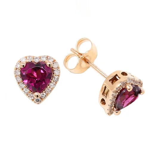 Women’s multi-layer earrings-5MM Heart Shape Rhodolite Garnet and Diamond Halo Stud Earrings in 14KT Rose Gold