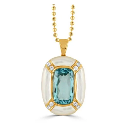 Women’s mother of pearl necklaces-Mykonos 6.70Ct Blue Topaz, 0.26Ct Diamond and Mother of Pearl Pendant only in 18k Yellow Gold