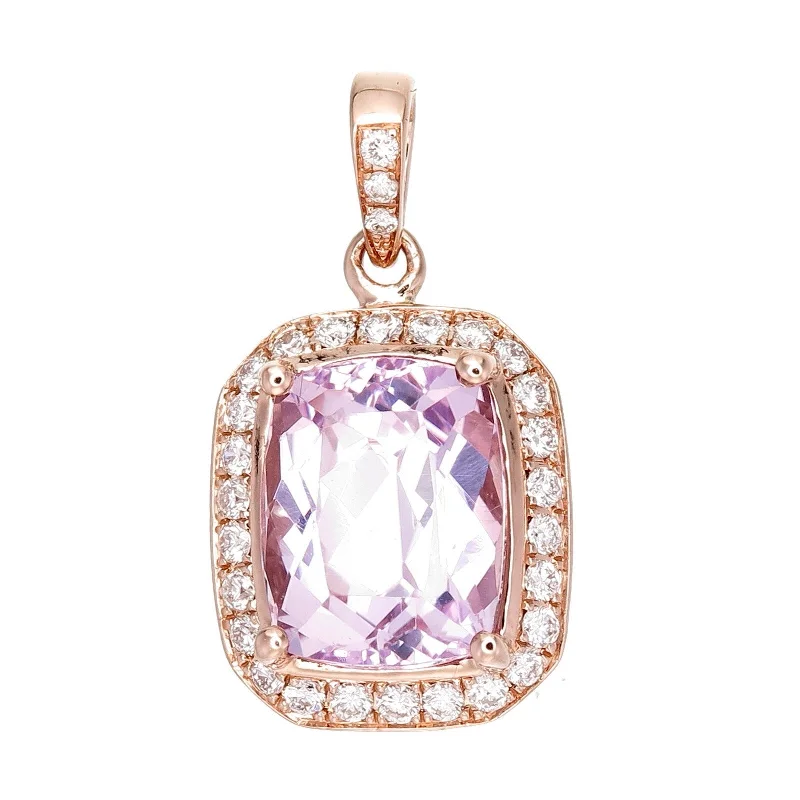 Women’s choker necklaces-Rose Gold Kunzite Diamond Halo Pendant