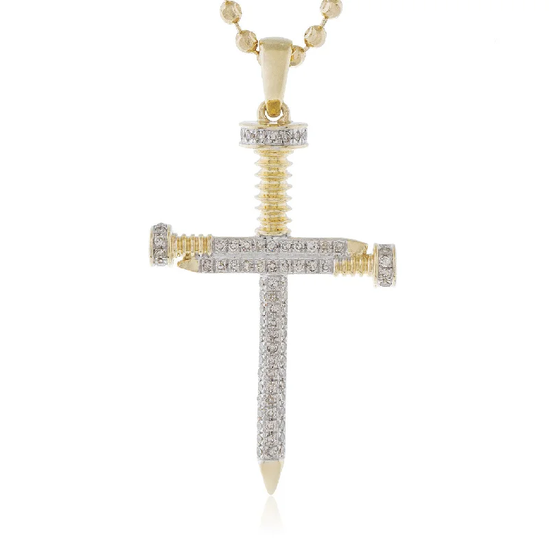 Women’s sterling silver necklaces-10k Yellow Gold .30ct Diamond Micro Nail Cross Pendant