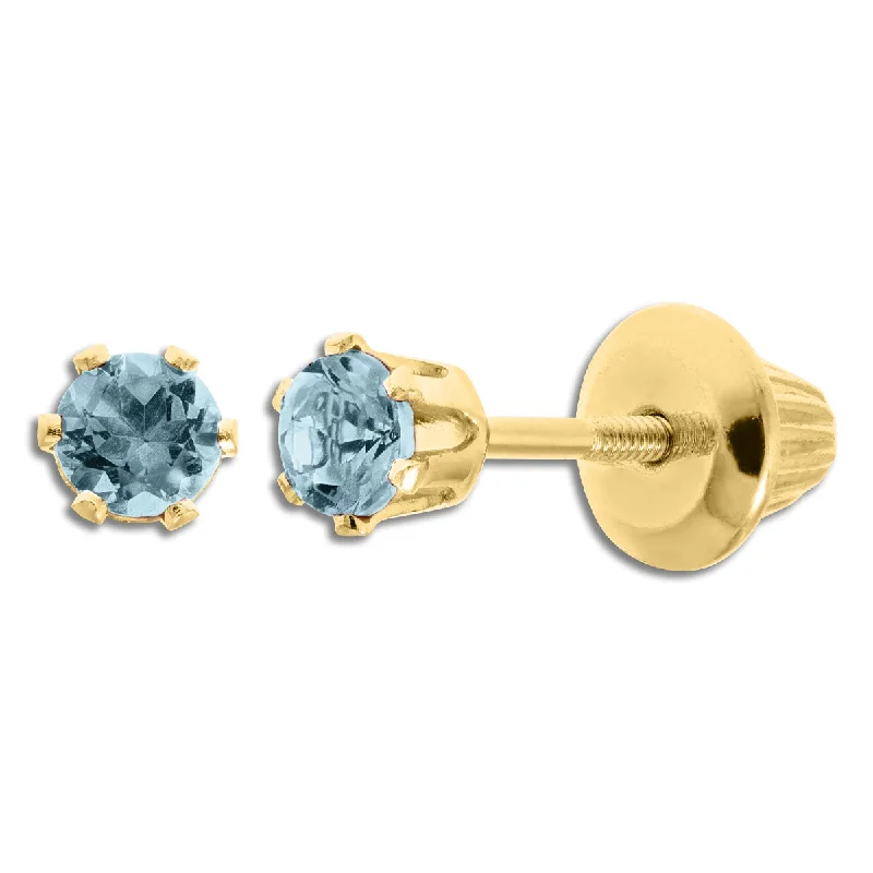 Women’s unique earrings-Kiddie Kraft 14KT Yellow Gold Round Aquamarine Childrens Birthstone Stud Earrings