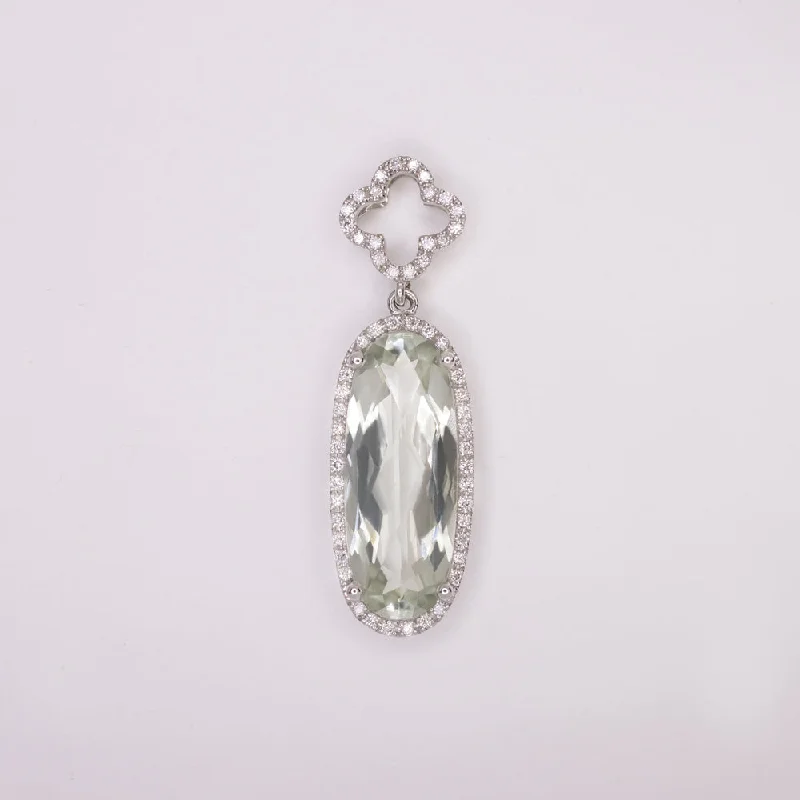 Women’s chain and pendant necklaces-PRASIOLITE DIAMOND PENDANT 14k WHITE GOLD LONG GREEN AMETHYST HALO NATURAL