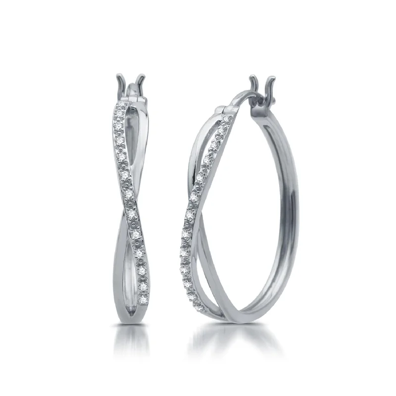 Women’s geometric stud earrings-1/10 CTW Diamond Infinity Hoop Earrings in Rhodium Plated Sterling Silver