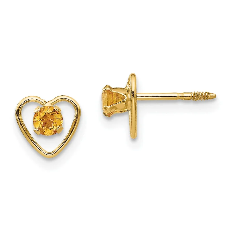 Women’s chunky hoop earrings-14KT Yellow Gold 3MM Round Citrine 6MM Heart Childrens Birthstone Earrings