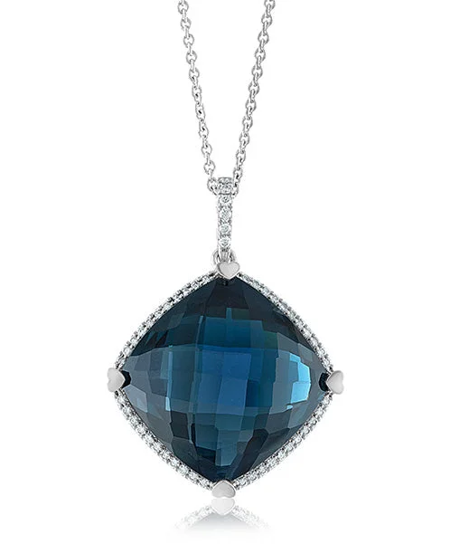 Women’s handmade necklaces-London Blue Topaz Cushion Pendant with Diamonds 90-JSA