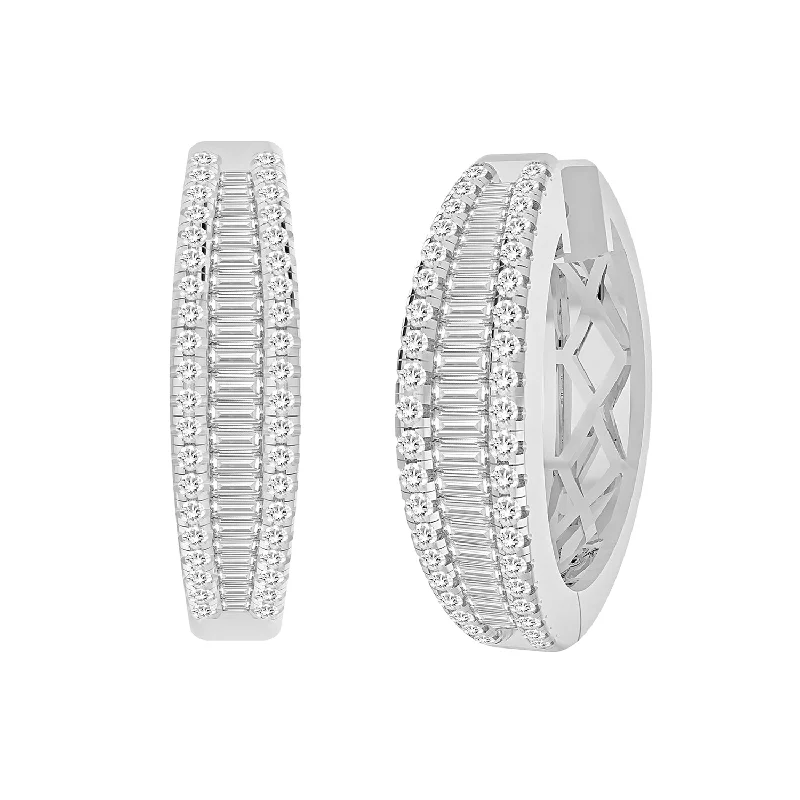 Women’s rectangular earrings-LADIES EARRINGS 0.75CT ROUND/BAGUETTE DIAMOND 14K WHITE GOLD