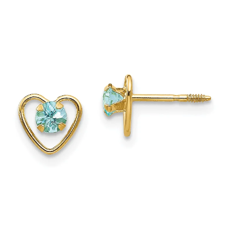 Women’s vintage gold earrings-14KT Yellow Gold 3MM Round Aquamarine 6MM Heart Childrens Birthstone Earrings