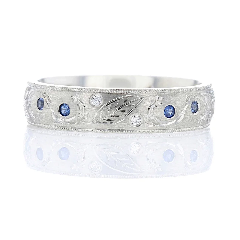 Women’s engagement rings with intricate settings-Sapphire & Diamond Hand Engraved band