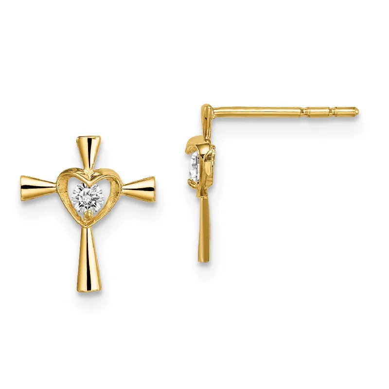 Women’s long earrings-14KT Yellow Gold Cubic Zirconia Childrens Heart Cross Stud Earrings