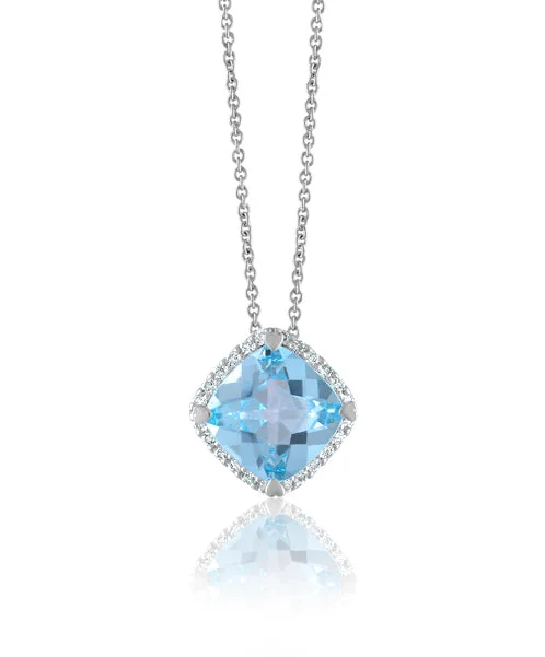 Women’s long chain necklaces-Sky Blue Topaz Mini Cushion Pendant with Diamonds 338-JSA