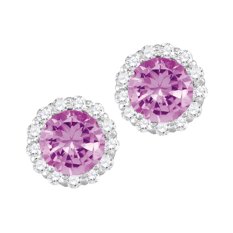 Women’s huggie earrings-6MM Round Pink Sapphire and White Sapphire Birthstone Halo Stud Earrings in 10KT White Gold