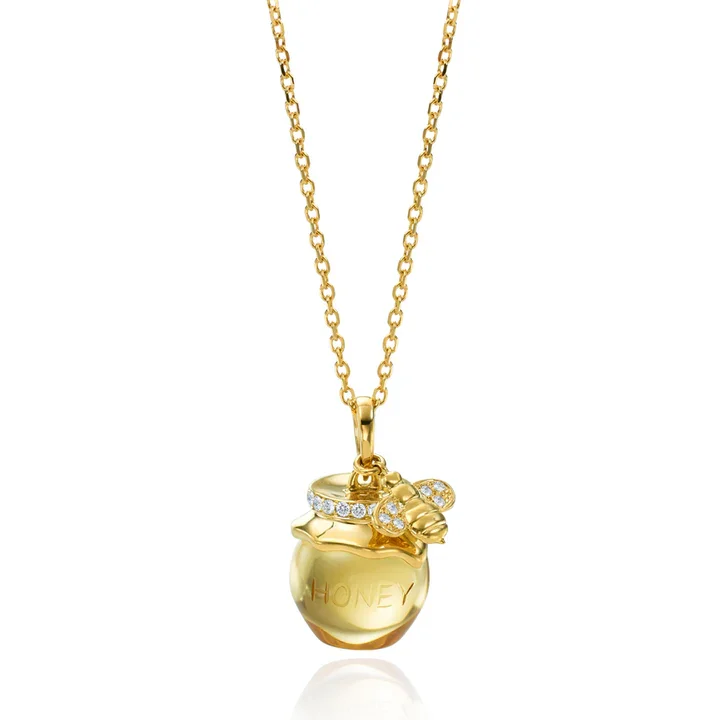 Women’s crystal necklaces-Bee Citrine and Diamond Honey Pot Pendant in 18K Yellow Gold, 24in