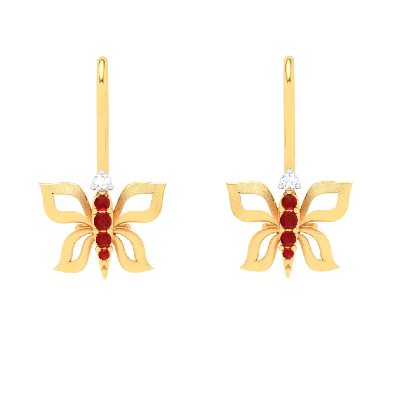 Women’s diamond hoop earrings-18KT Butterfly Shape With Red And Yellow Stone Gold Drop Earring From Diamond Collection