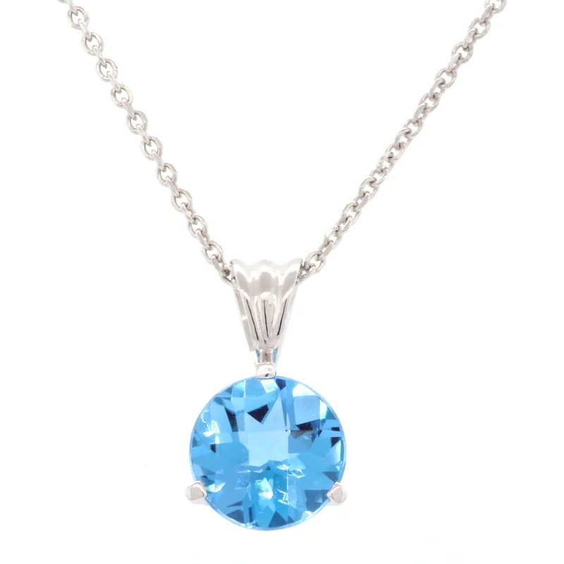 Women’s chunky gold necklaces-2.11Ct 8mm Round Blue Topaz Irradiated 3 Prong Fluted Bail Pendant on Chain in 18k White Gold, 18inch