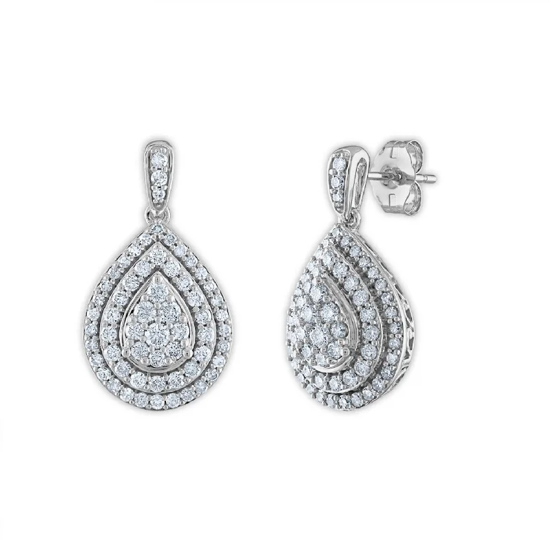 Women’s gemstone stud earrings-Red Hot Deal  3/4 CTW Diamond Drop & Dangle Cluster Double Halo Pear Shape Earrings in 10KT White Gold