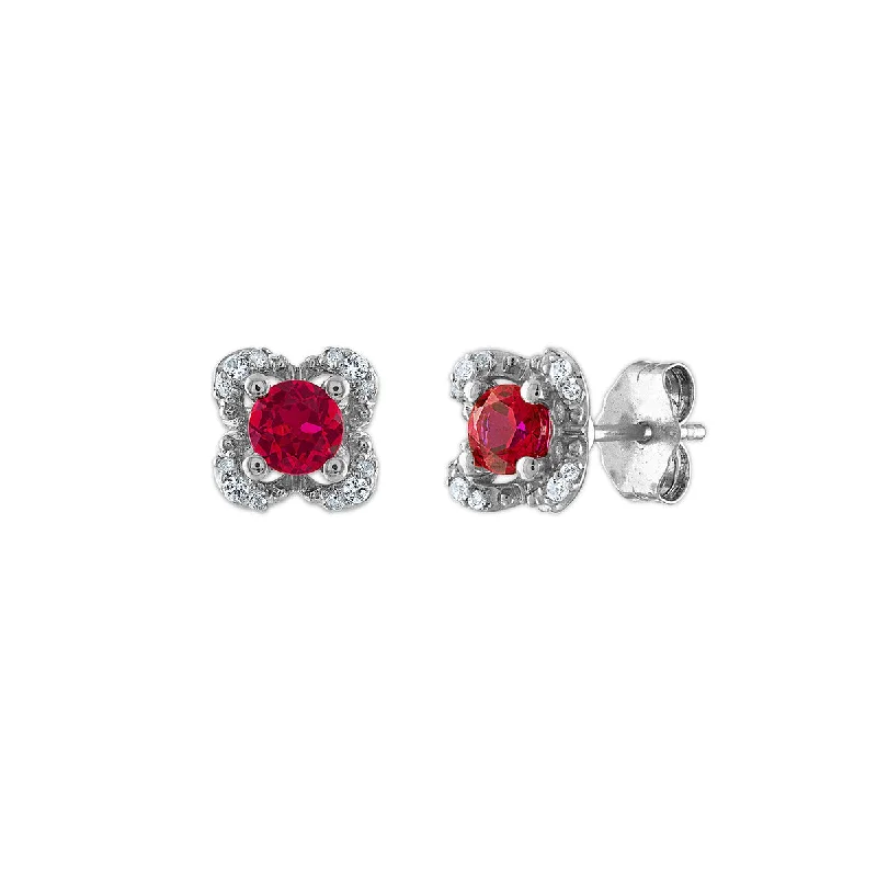 Women’s vintage hoop earrings-4MM Round Ruby and White Sapphire Birthstone Flower Halo Earrings in Sterling Silver