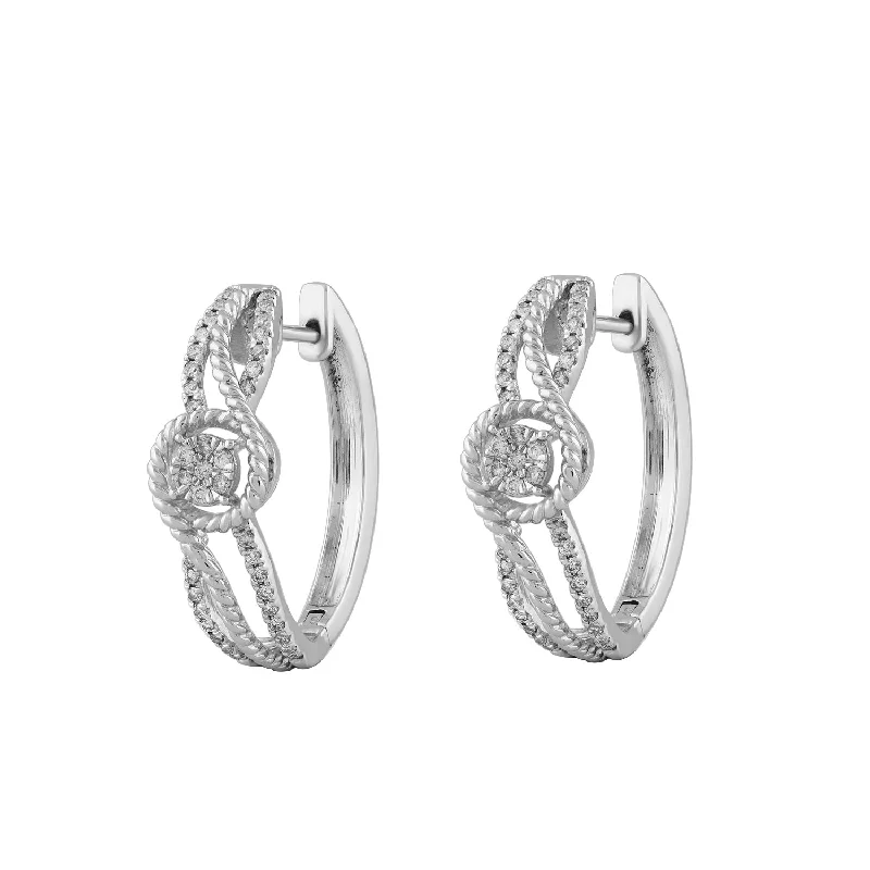 Women’s silver earrings-LADIES HOOPS EARRINGS 0.33CT ROUND DIAMOND 14K WHITE GOLD