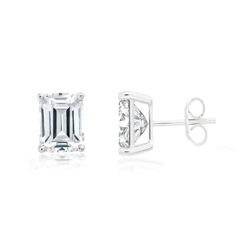 Women’s trendy stud earrings-Crislu Platinum Plated Sterling Silver Emerald Shape Cubic Zirconia Solitaire Stud Earrings