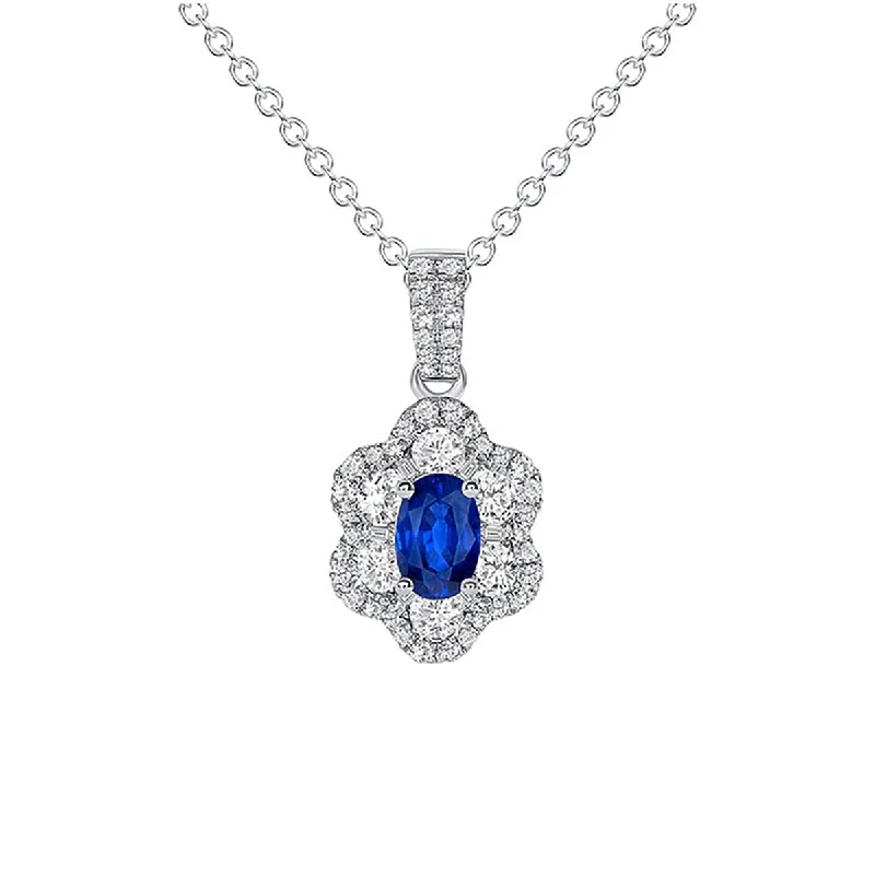 Women’s long necklaces-0.55Ct Diamond and 0.52Ct Sapphire Halo Pendant on Chain in 18K White Gold, 18inch